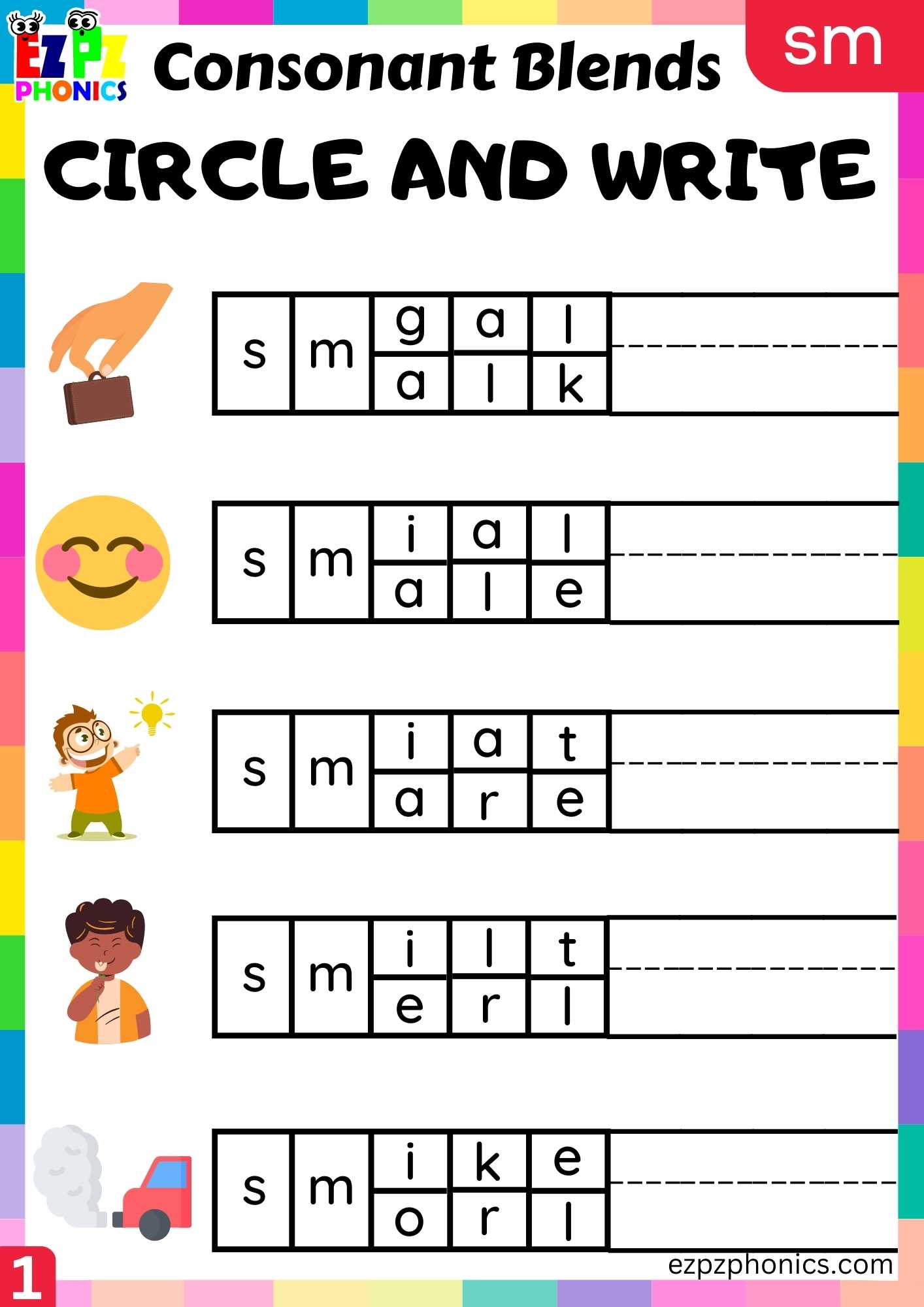 Group1 SM Words Circle And Write Phonics Consonant Blends Worksheet